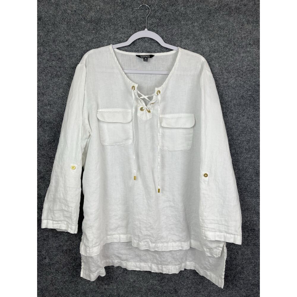 Company Ellen Tracy White Linen Blouse XXL Roll-Tab Sleeves Lace-up Front Pocket